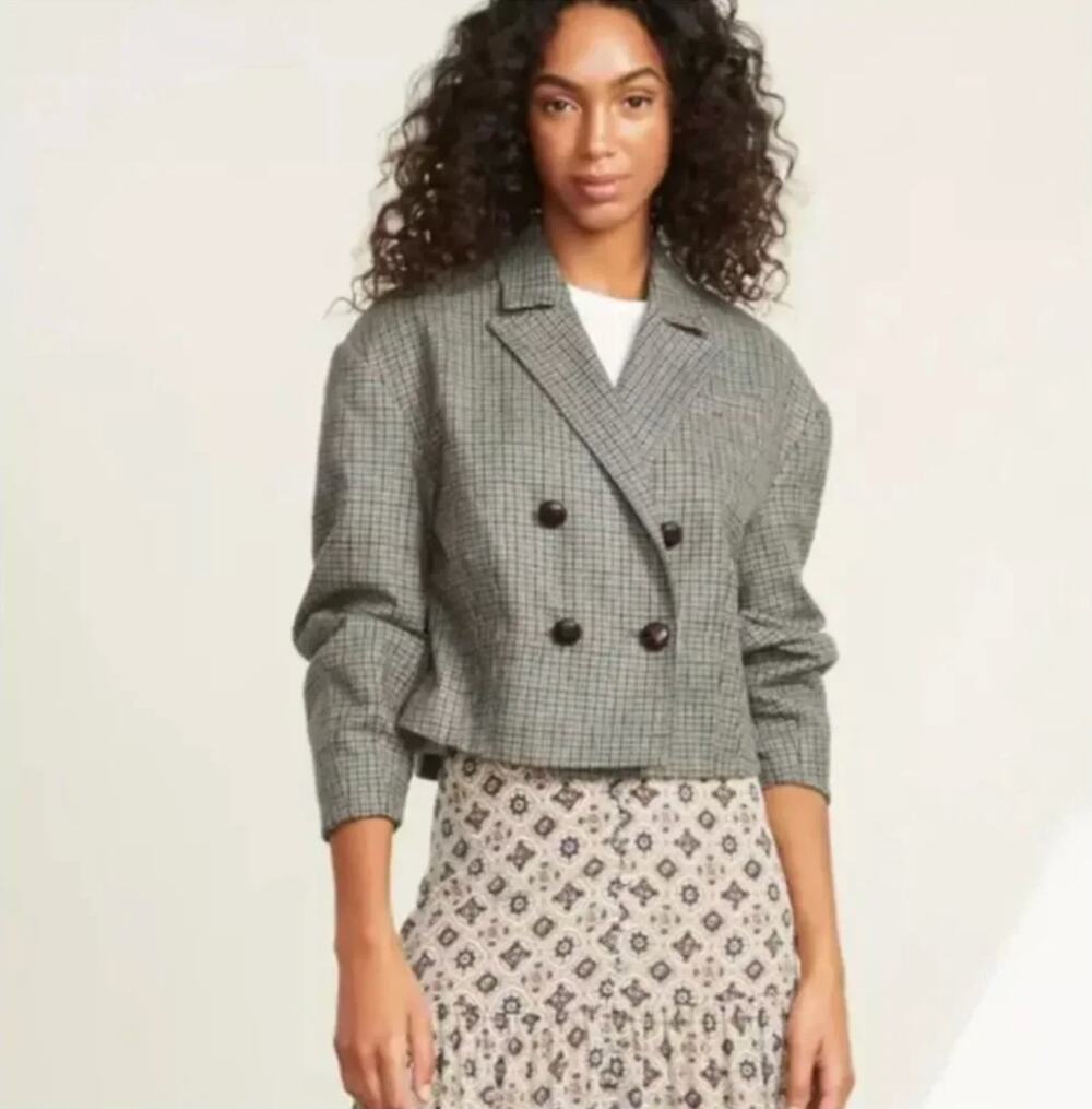 Veronica Beard Cropped Jacket Womens 00 Sage Houndstooth Sybille Wool Blend